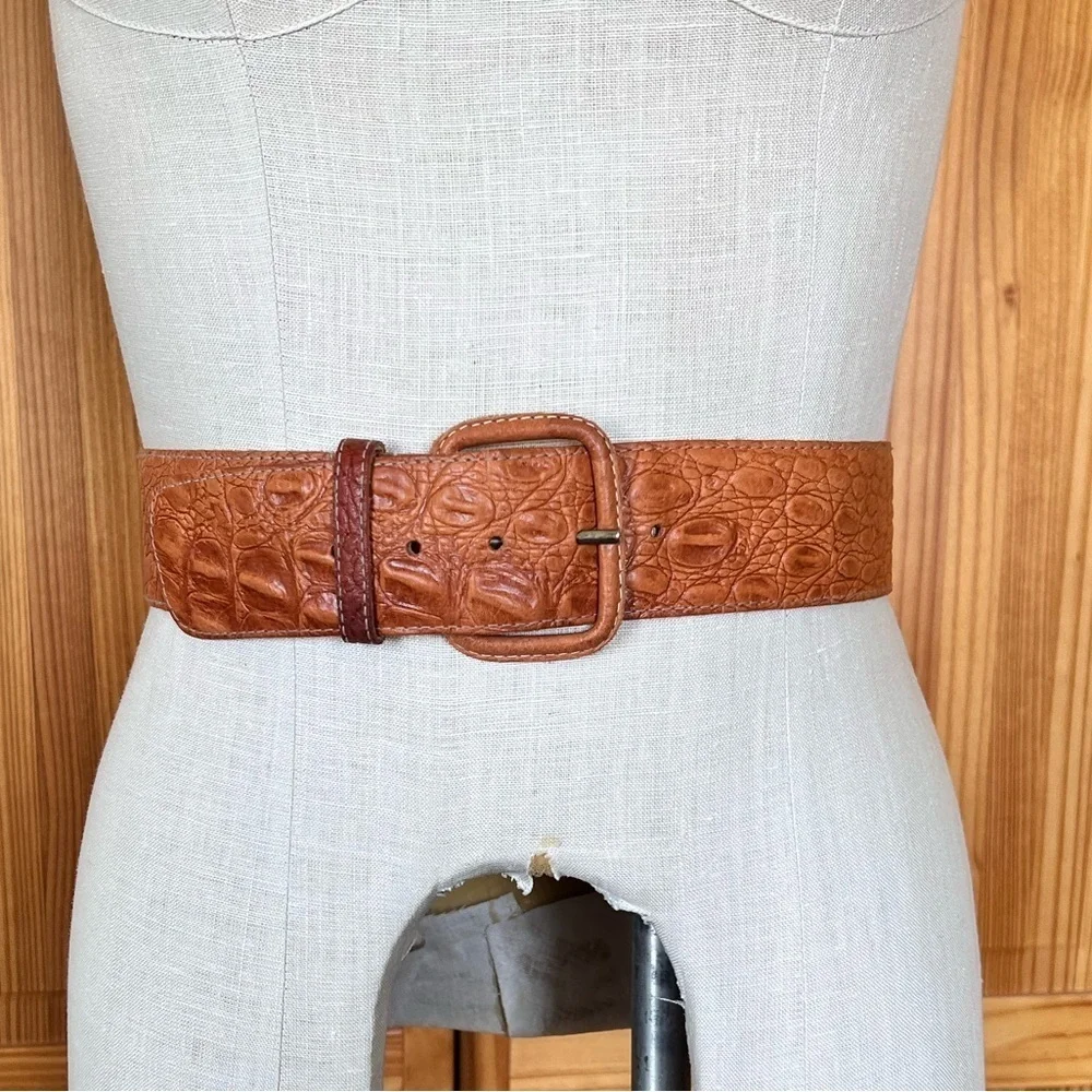 Vintage Fob Trading Genuine Leather Tan Faux Alligator Wide Belt